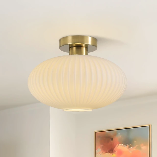 Alt view image 5 of 7 - BOKT Mid Century Modern Ceiling Light Fixture Milk White Ribbed Glass Ceiling Light Nursery Close to Ceiling Stairway Gold Semi Flush Mount Ceiling Lamp 11.8"