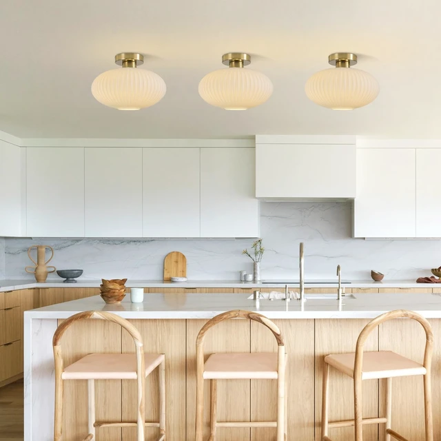 Alt view image 6 of 7 - BOKT Mid Century Modern Ceiling Light Fixture Milk White Ribbed Glass Ceiling Light Nursery Close to Ceiling Stairway Gold Semi Flush Mount Ceiling Lamp 11.8"
