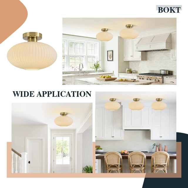 Alt view image 4 of 7 - BOKT Mid Century Modern Ceiling Light Fixture Milk White Ribbed Glass Ceiling Light Nursery Close to Ceiling Stairway Gold Semi Flush Mount Ceiling Lamp 11.8"