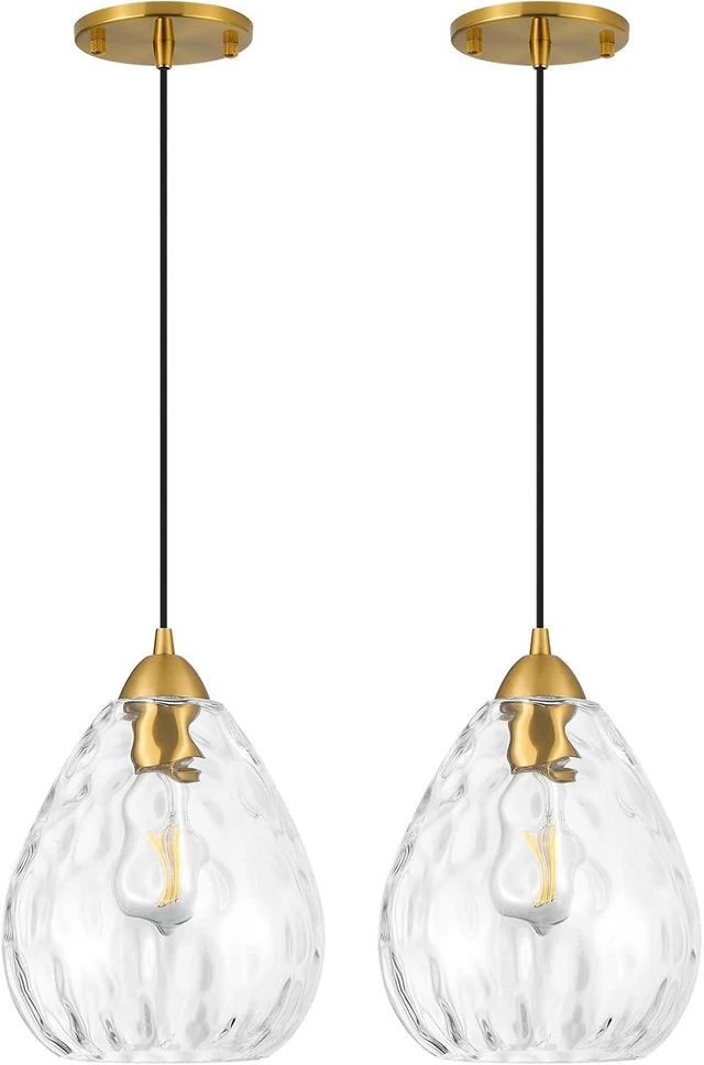 Main image of 7.9'' Glass Pendant Lights Kitchen Island 2 Pack,Modern Pendant Lights with Clear Hammered Glass Shade,Gold Adjustable Hanging Pendant Light fixtures for Dining Room Bedroom(2 Pack)