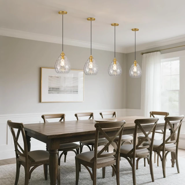 Alt view image 2 of 7 - 7.9'' Glass Pendant Lights Kitchen Island 2 Pack,Modern Pendant Lights with Clear Hammered Glass Shade,Gold Adjustable Hanging Pendant Light fixtures for Dining Room Bedroom(2 Pack)