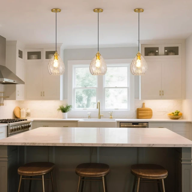 Alt view image 3 of 7 - 7.9'' Glass Pendant Lights Kitchen Island 2 Pack,Modern Pendant Lights with Clear Hammered Glass Shade,Gold Adjustable Hanging Pendant Light fixtures for Dining Room Bedroom(2 Pack)
