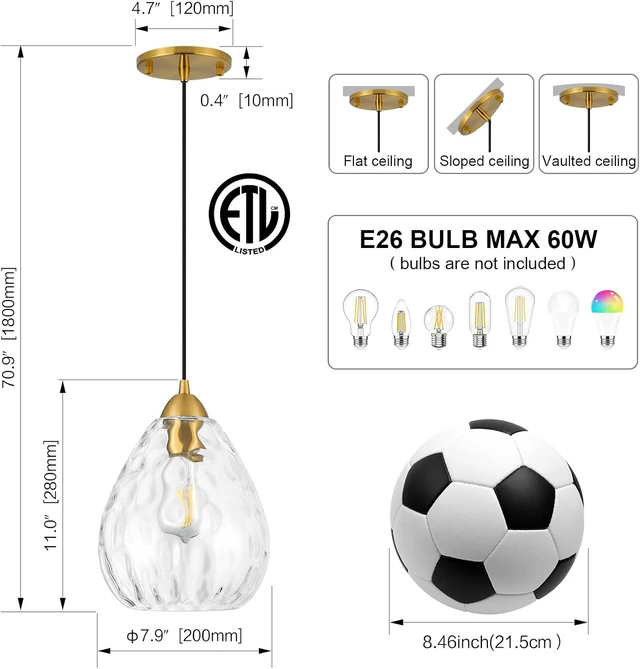 Alt view image 4 of 7 - 7.9'' Glass Pendant Lights Kitchen Island 2 Pack,Modern Pendant Lights with Clear Hammered Glass Shade,Gold Adjustable Hanging Pendant Light fixtures for Dining Room Bedroom(2 Pack)