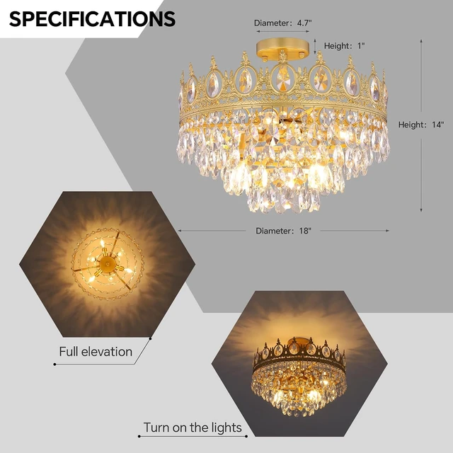 Alt view image 4 of 7 - TOCHIC Flush Mount Ceiling Light Fixture, Modern Farmhouse Crystal Chandelier 6 Lights Gold Semi Flush Mount Ceiling Lighting for Bedroom, Dining Living Room, Kids Room, Foyer, 18 W