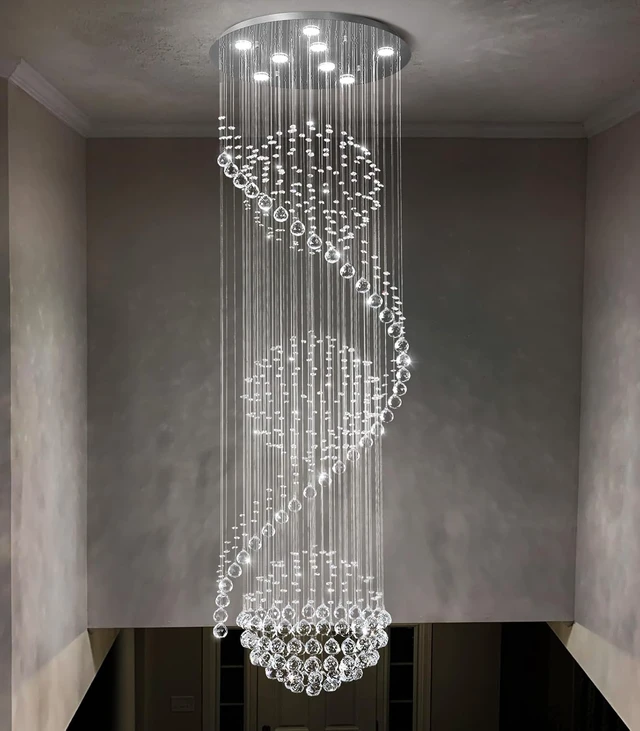 Alt view image 6 of 7 - D24'' x H78'' Crystal Chandelier for Entryway High Ceiling Chandeliers Glam Chandelier Modern Large Raindrop Chandeliers LED Dimmable Light Fixtures for Staircaes Foyer Living Room