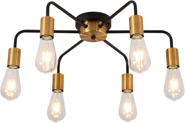 Main image of 6 Light Semi Flush Mount Ceiling Light Fixture Sputnik Black and Gold Chandelier Mid Century Modern Ceiling Lamp for Farmhouse Hallway Kitchen Dining Room Bedroom Study Living Room Bathroom