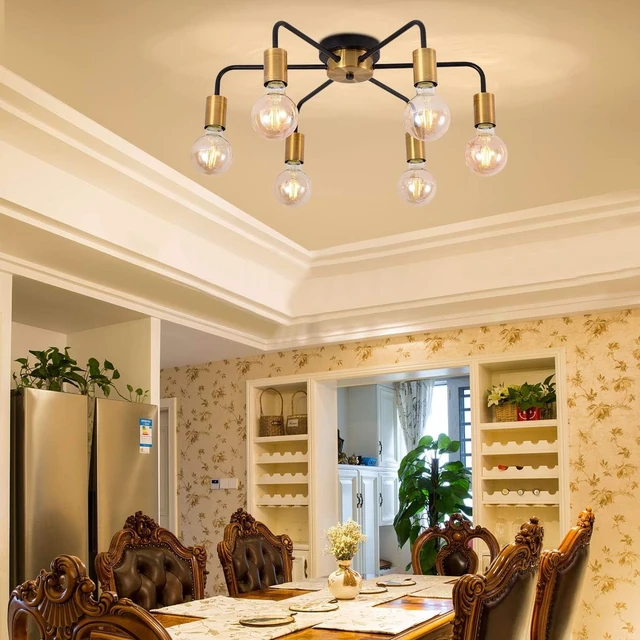 Alt view image 6 of 7 - 6 Light Semi Flush Mount Ceiling Light Fixture Sputnik Black and Gold Chandelier Mid Century Modern Ceiling Lamp for Farmhouse Hallway Kitchen Dining Room Bedroom Study Living Room Bathroom