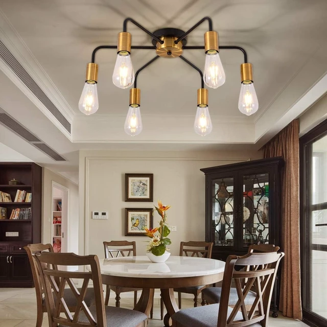 Alt view image 7 of 7 - 6 Light Semi Flush Mount Ceiling Light Fixture Sputnik Black and Gold Chandelier Mid Century Modern Ceiling Lamp for Farmhouse Hallway Kitchen Dining Room Bedroom Study Living Room Bathroom