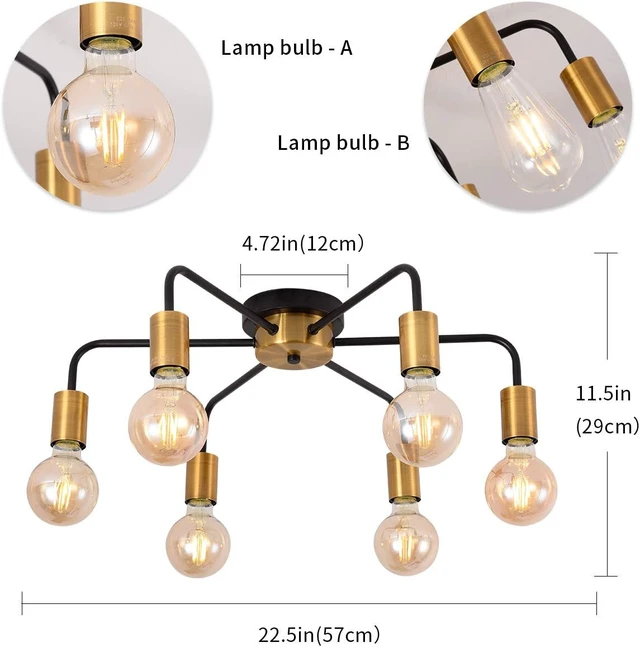 Alt view image 4 of 7 - 6 Light Semi Flush Mount Ceiling Light Fixture Sputnik Black and Gold Chandelier Mid Century Modern Ceiling Lamp for Farmhouse Hallway Kitchen Dining Room Bedroom Study Living Room Bathroom