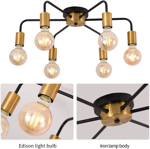 Alt view image 5 of 7 - 6 Light Semi Flush Mount Ceiling Light Fixture Sputnik Black and Gold Chandelier Mid Century Modern Ceiling Lamp for Farmhouse Hallway Kitchen Dining Room Bedroom Study Living Room Bathroom
