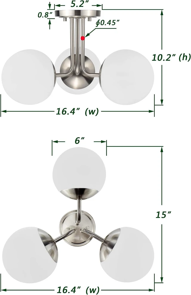 Alt view image 3 of 7 - 3 Light Semi Flush Mount Ceiling Light Fixture Brushed Nickel, Modern Globe Chandelier, Sputnik Farmhouse Lighting for Kitchen Bedroom Bathroom Living Room Corridor Laundry Room Bar