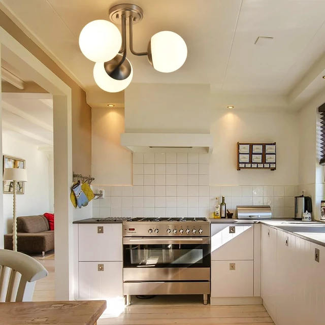 Alt view image 7 of 7 - 3 Light Semi Flush Mount Ceiling Light Fixture Brushed Nickel, Modern Globe Chandelier, Sputnik Farmhouse Lighting for Kitchen Bedroom Bathroom Living Room Corridor Laundry Room Bar