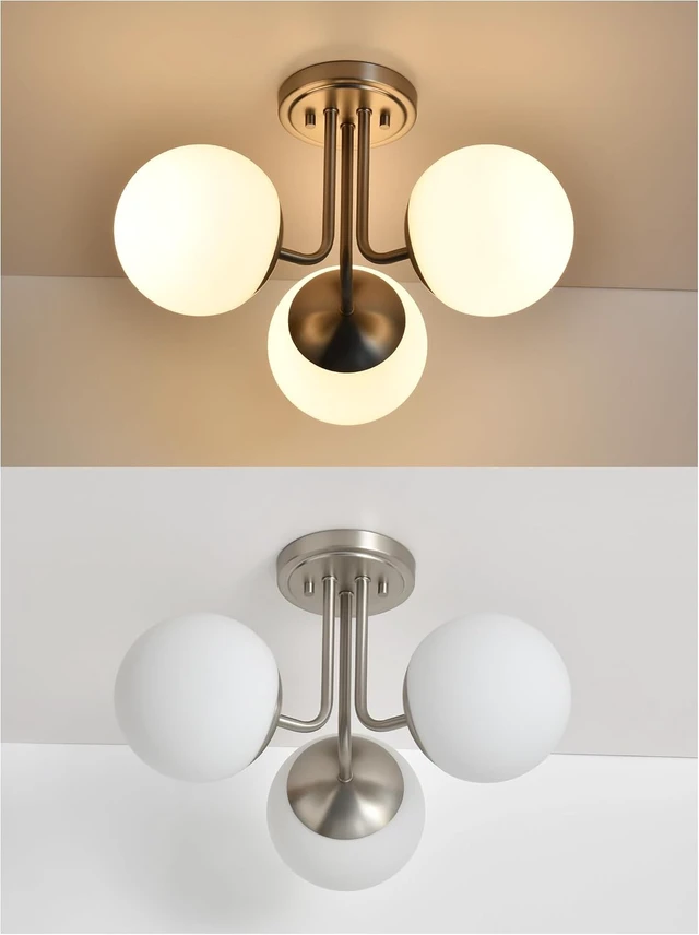 Alt view image 4 of 7 - 3 Light Semi Flush Mount Ceiling Light Fixture Brushed Nickel, Modern Globe Chandelier, Sputnik Farmhouse Lighting for Kitchen Bedroom Bathroom Living Room Corridor Laundry Room Bar