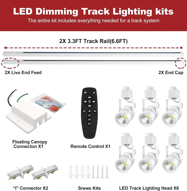 Alt view image 2 of 7 - 6-Light Track Lighting Kit with 6.6FT H Type Track Lighting Rail and Floating Canopy Connector, 2700K-6500K Stepless Dimming H Type Dimmable Track Light Fixtures Ceiling Spot Light, White