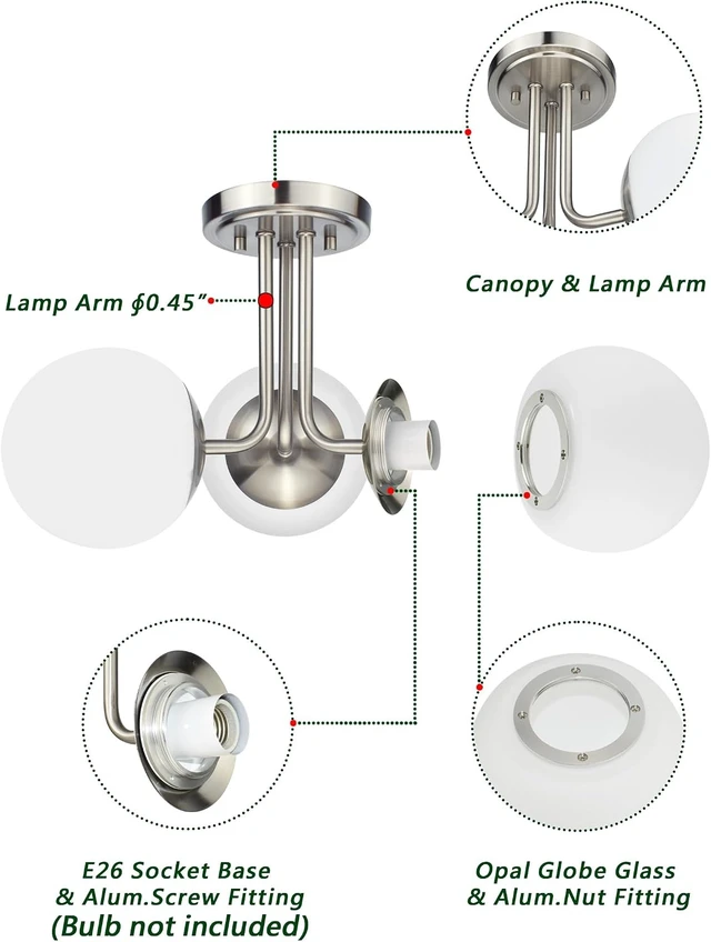 Alt view image 5 of 7 - 3 Light Semi Flush Mount Ceiling Light Fixture Brushed Nickel, Modern Globe Chandelier, Sputnik Farmhouse Lighting for Kitchen Bedroom Bathroom Living Room Corridor Laundry Room Bar