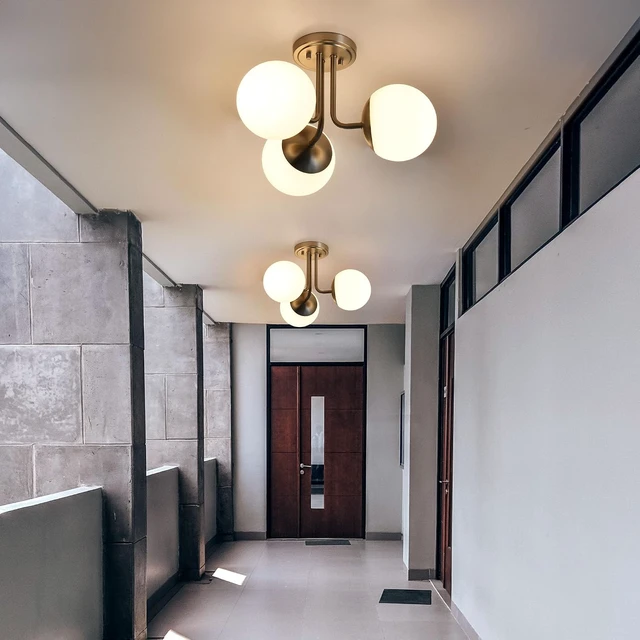 Alt view image 6 of 7 - 3 Light Semi Flush Mount Ceiling Light Fixture Brushed Nickel, Modern Globe Chandelier, Sputnik Farmhouse Lighting for Kitchen Bedroom Bathroom Living Room Corridor Laundry Room Bar