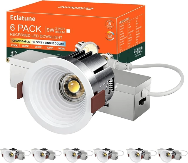 Main image of 2 Inch LED Recessed Anti-Glare Shower Light COB 5CCT 9W, 840 LM 6 Pack