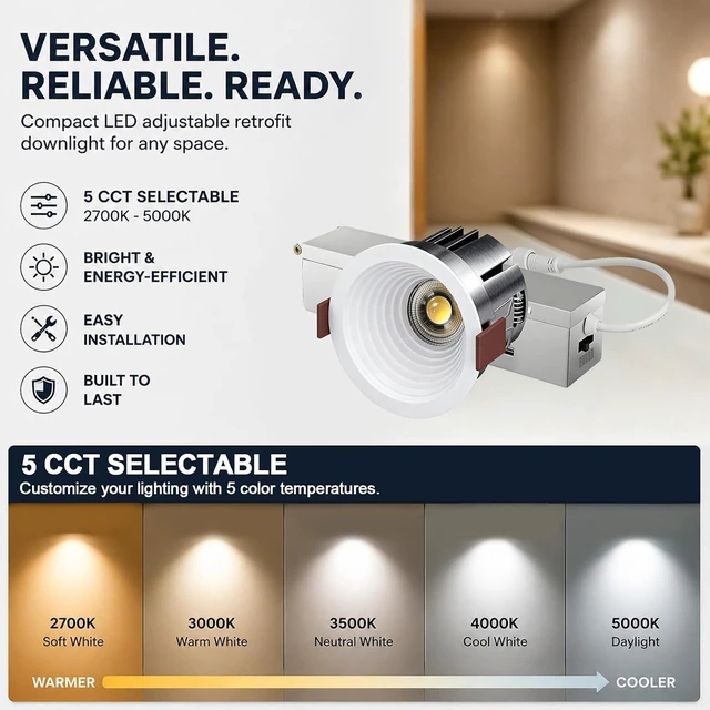 Alt view image 6 of 7 - 2 Inch LED Recessed Anti-Glare Shower Light COB 5CCT 9W, 840 LM 6 Pack