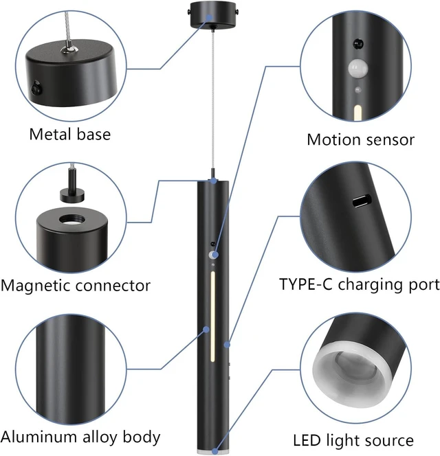 Alt view image 5 of 7 - Battery Operated Pendant Light,Rechargeable Hanging Light with Remote,Wireless Modern Pendant Lights with 6000 mAh Battery,3 Color Dimmable,Battery ceiling light for Bedroom,Kitchen Island,hallways