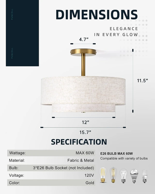 Alt view image 4 of 7 - 3-Light 16 Inch Drum Semi Flush Mount Ceiling Light for Bedroom
