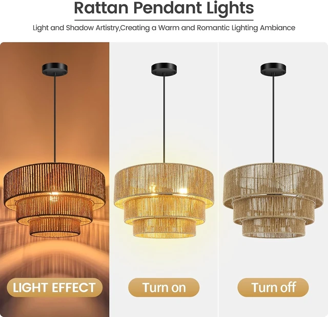 Alt view image 2 of 7 - BoostArea 3 Light Boho Rattan Chandelier Light,16.5Hand Woven Farmhouse Pendant Lights,Coastal Hanging Ceiling Light for Dining Room,Kitchen Island, Bedroom,Entryway, Foyer,Brown,Adjustable Cord