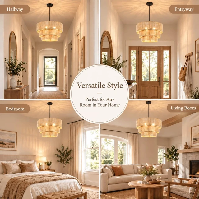Alt view image 3 of 7 - BoostArea 3 Light Boho Rattan Chandelier Light,16.5Hand Woven Farmhouse Pendant Lights,Coastal Hanging Ceiling Light for Dining Room,Kitchen Island, Bedroom,Entryway, Foyer,Brown,Adjustable Cord