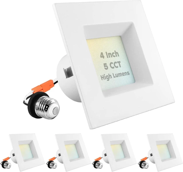 Main image of LUXRITE 4 Inch Square LED Recessed Can Lights, 14W=75W, 5 Color Options 2700K-5000K, 950 Lumens, Dimmable LED Retrofit Kit, Wet Rated, IC Rated, Energy Star, ETL Listed (4 Pack)