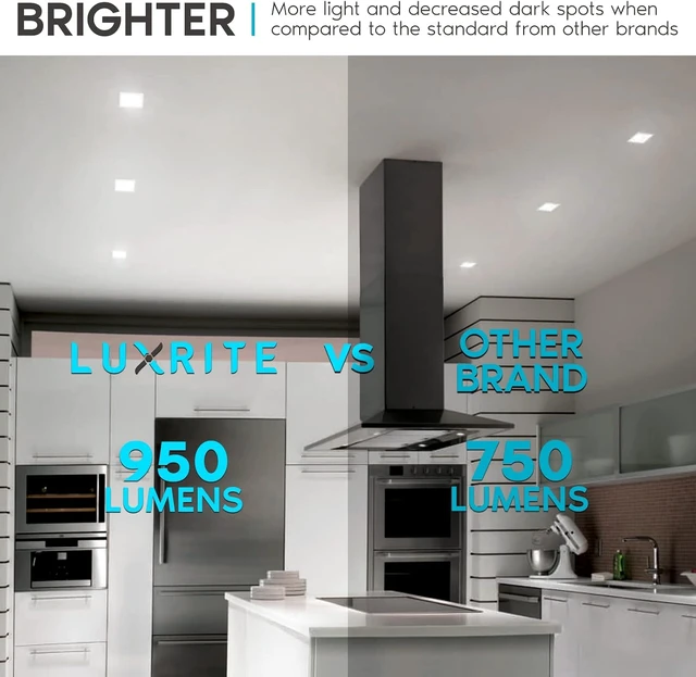 Alt view image 4 of 6 - LUXRITE 4 Inch Square LED Recessed Can Lights, 14W=75W, 5 Color Options 2700K-5000K, 950 Lumens, Dimmable LED Retrofit Kit, Wet Rated, IC Rated, Energy Star, ETL Listed (4 Pack)