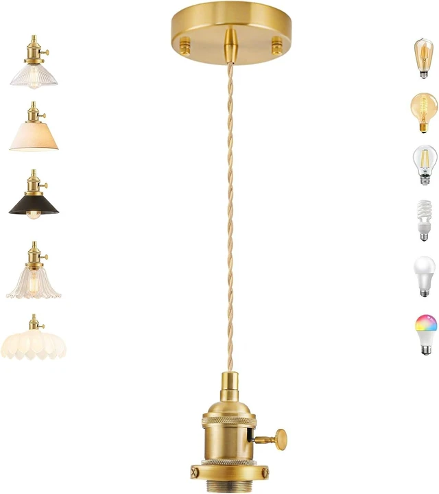 Main image of FONTA Brass Vintage Mini Pendant Light Cord Kit, E26 Hanging Pendant Lamp Base, Braided Twisted Cord Industrial Ceiling Pendant Fixture for Farmhouse Kitchen Island