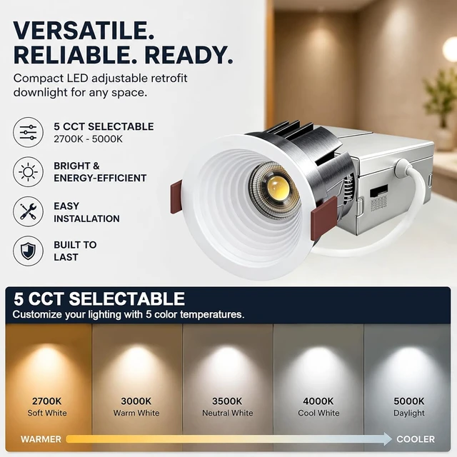 Alt view image 6 of 7 - 3 Inch LED Recessed Shower Light Wafer COB, 5CCT 12W, 1120 LM 6 Pack