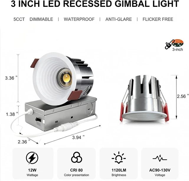 Alt view image 7 of 7 - 3 Inch LED Recessed Shower Light Wafer COB, 5CCT 12W, 1120 LM 6 Pack