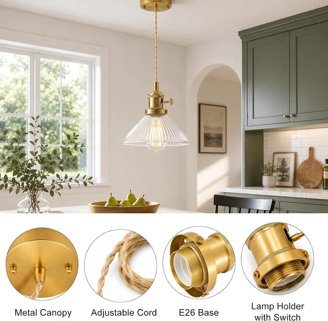 Alt view image 4 of 7 - FONTA Brass Vintage Mini Pendant Light Cord Kit, E26 Hanging Pendant Lamp Base, Braided Twisted Cord Industrial Ceiling Pendant Fixture for Farmhouse Kitchen Island