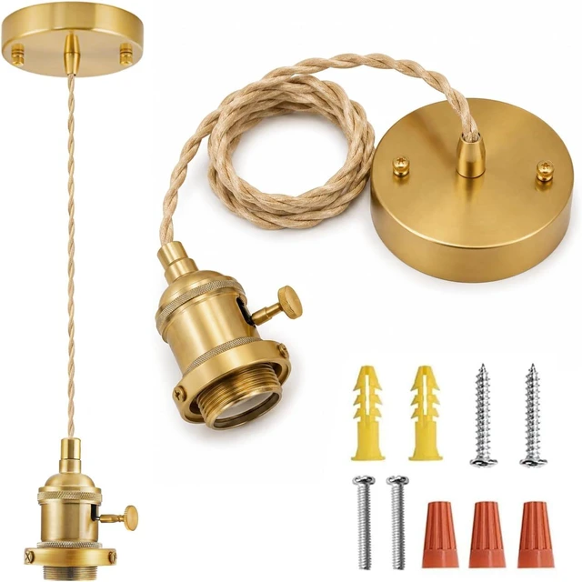 Alt view image 7 of 7 - FONTA Brass Vintage Mini Pendant Light Cord Kit, E26 Hanging Pendant Lamp Base, Braided Twisted Cord Industrial Ceiling Pendant Fixture for Farmhouse Kitchen Island