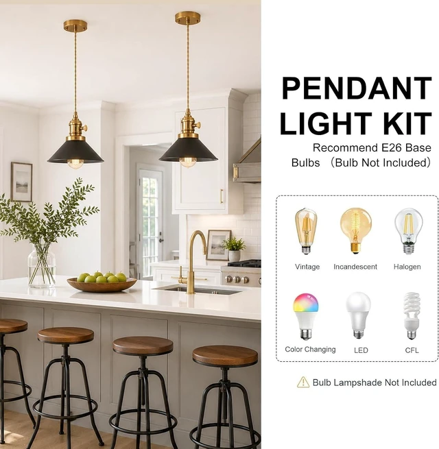 Alt view image 3 of 7 - FONTA Brass Vintage Mini Pendant Light Cord Kit, E26 Hanging Pendant Lamp Base, Braided Twisted Cord Industrial Ceiling Pendant Fixture for Farmhouse Kitchen Island