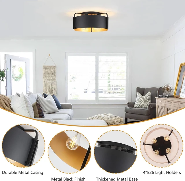Alt view image 3 of 7 - Flush Mount Ceiling Light, 4-Light Industrial Ceiling Light Fixture Matte Black with Gold Inside Kitchen Ceiling Lights for Living Room Kitchen Island Dining,E26 Base(Not Included Bulb)