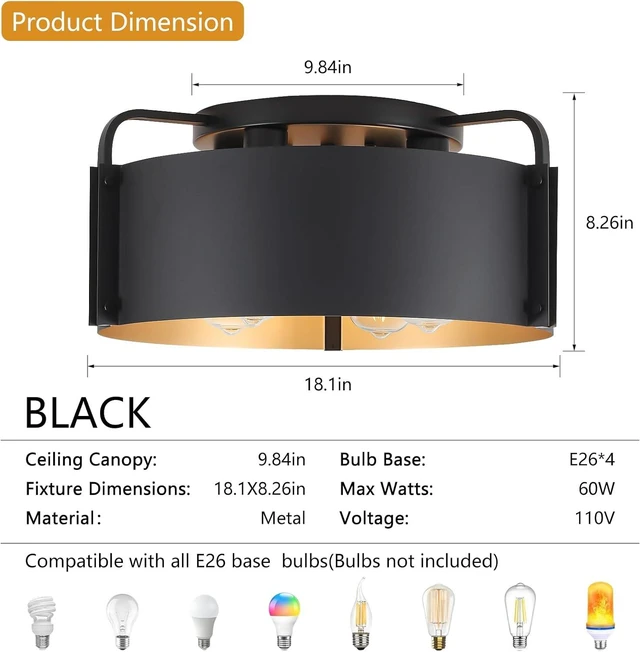Alt view image 2 of 7 - Flush Mount Ceiling Light, 4-Light Industrial Ceiling Light Fixture Matte Black with Gold Inside Kitchen Ceiling Lights for Living Room Kitchen Island Dining,E26 Base(Not Included Bulb)