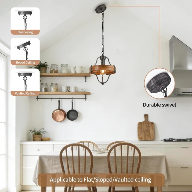Alt view image 3 of 7 - Farmhouse Wood Round Pendant Light Fixture, Rustic Wooden Metal Pendant Chandelier with Adjustable Hanging Height, Rusty Silver Ceiling Light for Kitchen Island, Sink, Hallway, Bathroom, Bar, Foyer