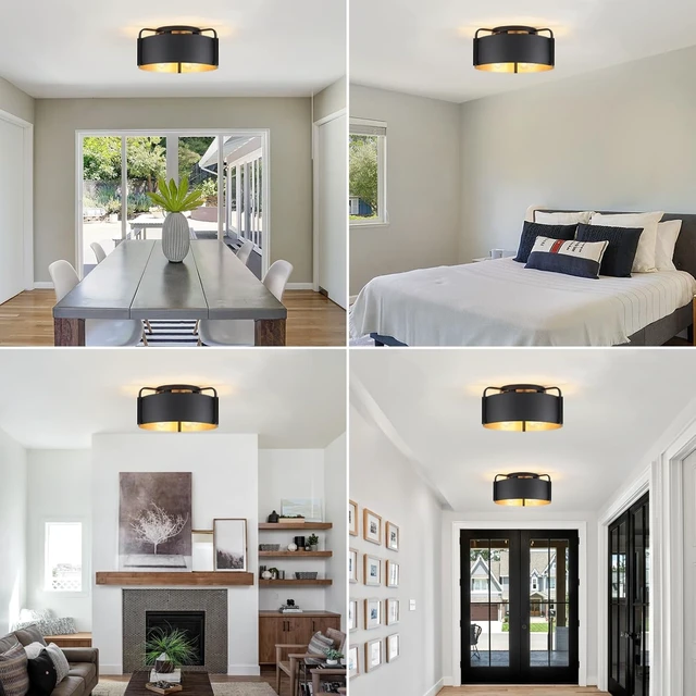 Alt view image 7 of 7 - Flush Mount Ceiling Light, 4-Light Industrial Ceiling Light Fixture Matte Black with Gold Inside Kitchen Ceiling Lights for Living Room Kitchen Island Dining,E26 Base(Not Included Bulb)