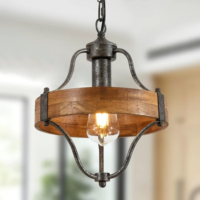 Main image of Farmhouse Wood Round Pendant Light Fixture, Rustic Wooden Metal Pendant Chandelier with Adjustable Hanging Height, Rusty Silver Ceiling Light for Kitchen Island, Sink, Hallway, Bathroom, Bar, Foyer