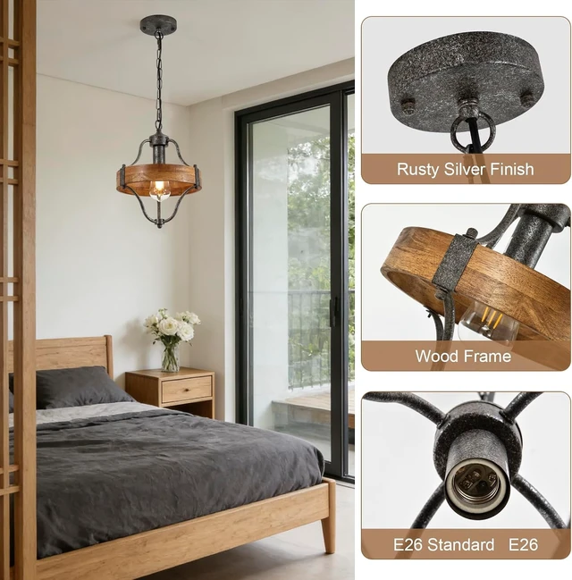 Alt view image 4 of 7 - Farmhouse Wood Round Pendant Light Fixture, Rustic Wooden Metal Pendant Chandelier with Adjustable Hanging Height, Rusty Silver Ceiling Light for Kitchen Island, Sink, Hallway, Bathroom, Bar, Foyer