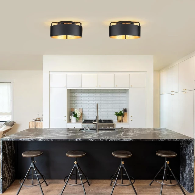 Alt view image 6 of 7 - Flush Mount Ceiling Light, 4-Light Industrial Ceiling Light Fixture Matte Black with Gold Inside Kitchen Ceiling Lights for Living Room Kitchen Island Dining,E26 Base(Not Included Bulb)