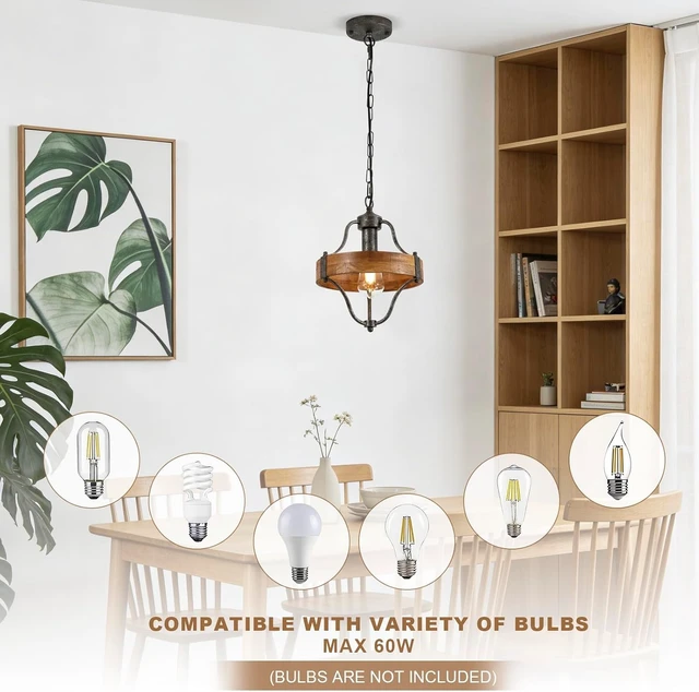 Alt view image 6 of 7 - Farmhouse Wood Round Pendant Light Fixture, Rustic Wooden Metal Pendant Chandelier with Adjustable Hanging Height, Rusty Silver Ceiling Light for Kitchen Island, Sink, Hallway, Bathroom, Bar, Foyer