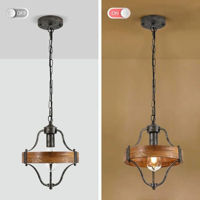 Alt view image 5 of 7 - Farmhouse Wood Round Pendant Light Fixture, Rustic Wooden Metal Pendant Chandelier with Adjustable Hanging Height, Rusty Silver Ceiling Light for Kitchen Island, Sink, Hallway, Bathroom, Bar, Foyer