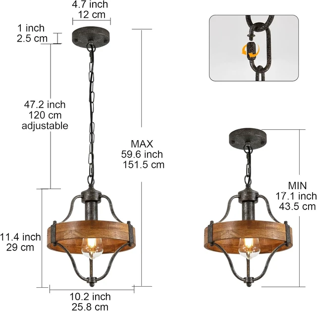 Alt view image 2 of 7 - Farmhouse Wood Round Pendant Light Fixture, Rustic Wooden Metal Pendant Chandelier with Adjustable Hanging Height, Rusty Silver Ceiling Light for Kitchen Island, Sink, Hallway, Bathroom, Bar, Foyer