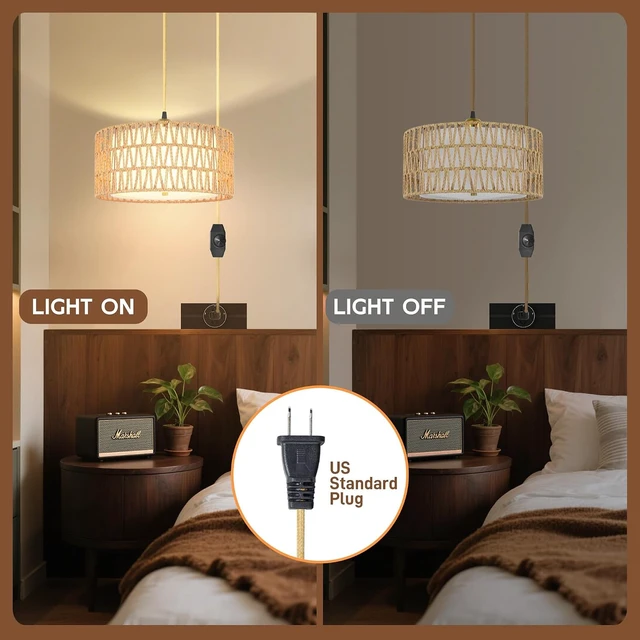 Alt view image 5 of 7 - 13" Gold Plug in Pendant Light, Boho Rattan Farmhouse Hanging Lamp