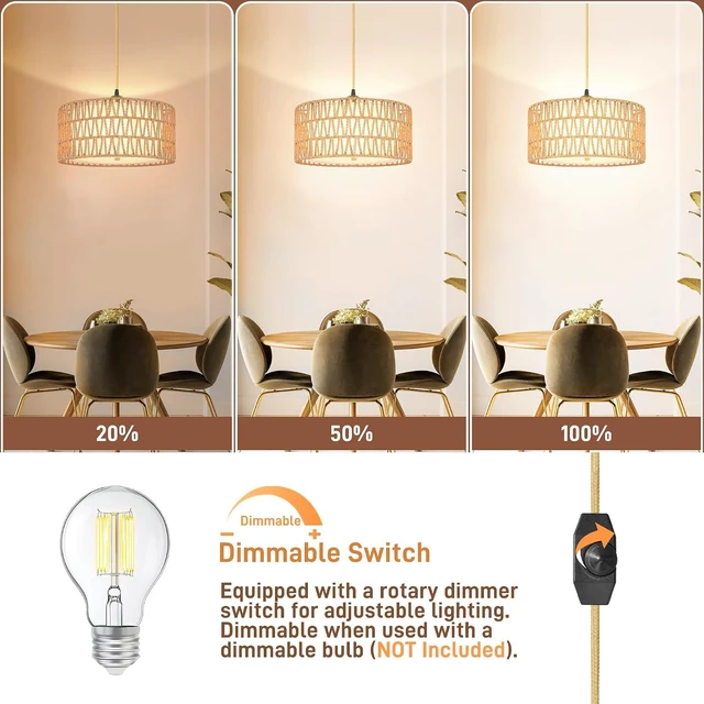 Alt view image 3 of 7 - 13" Gold Plug in Pendant Light, Boho Rattan Farmhouse Hanging Lamp