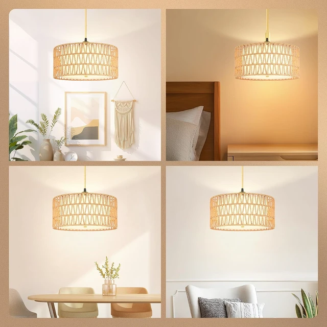 Alt view image 6 of 7 - 13" Gold Plug in Pendant Light, Boho Rattan Farmhouse Hanging Lamp