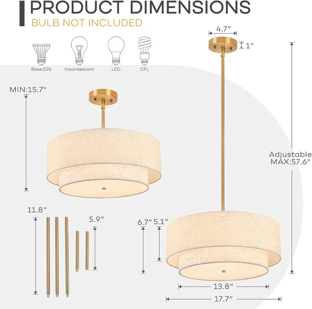 Alt view image 2 of 7 - 18-inch 3-Light Double Drum Chandelier for Dining Room, Bedroom