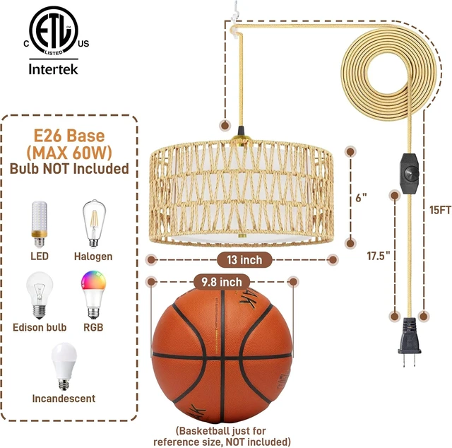 Alt view image 7 of 7 - 13" Gold Plug in Pendant Light, Boho Rattan Farmhouse Hanging Lamp