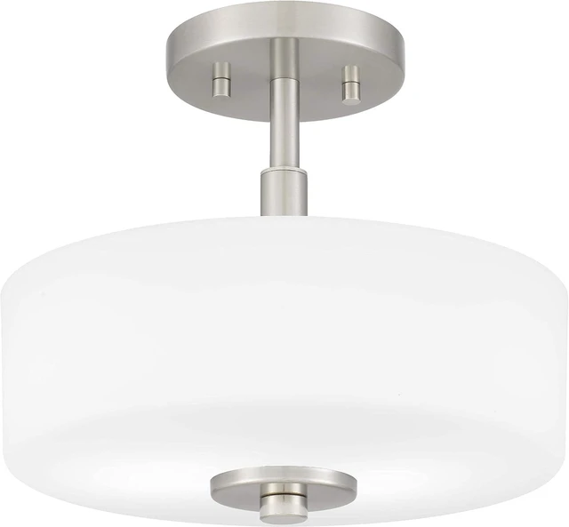 Main image of Tawson Abra 2-Light Semi Flush Mount Light with Etched Glass in Drump Shade Brushed Finish for Hallway, Entryway, Passway, Dining Room, Bedroom, Garage, Kitchen Island, Balcony